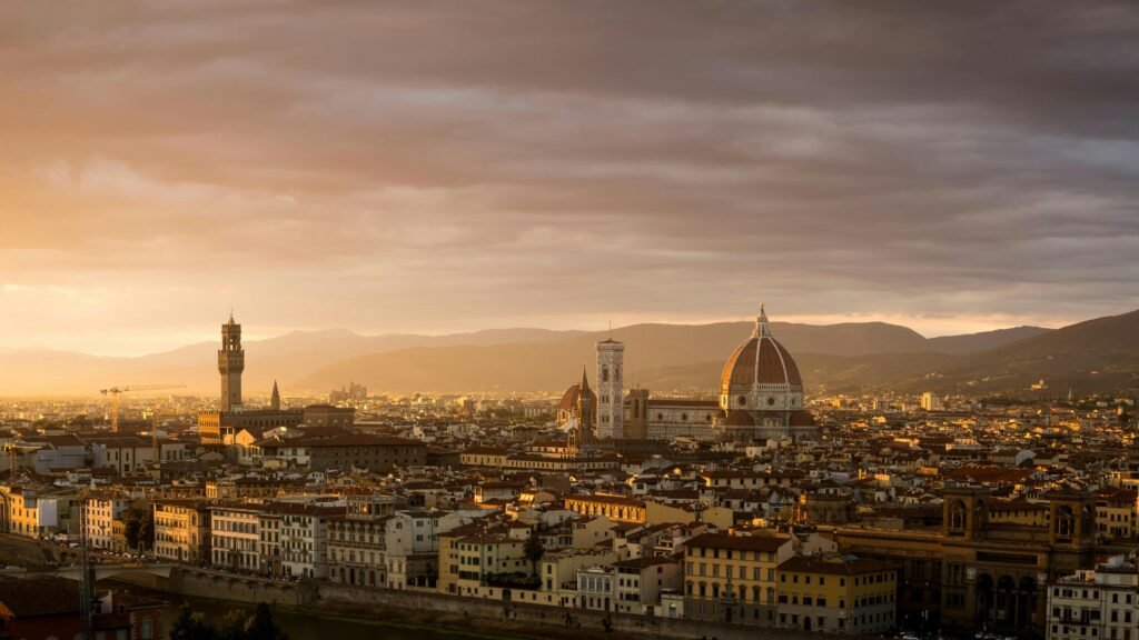 Aerial View of City during Sunset
